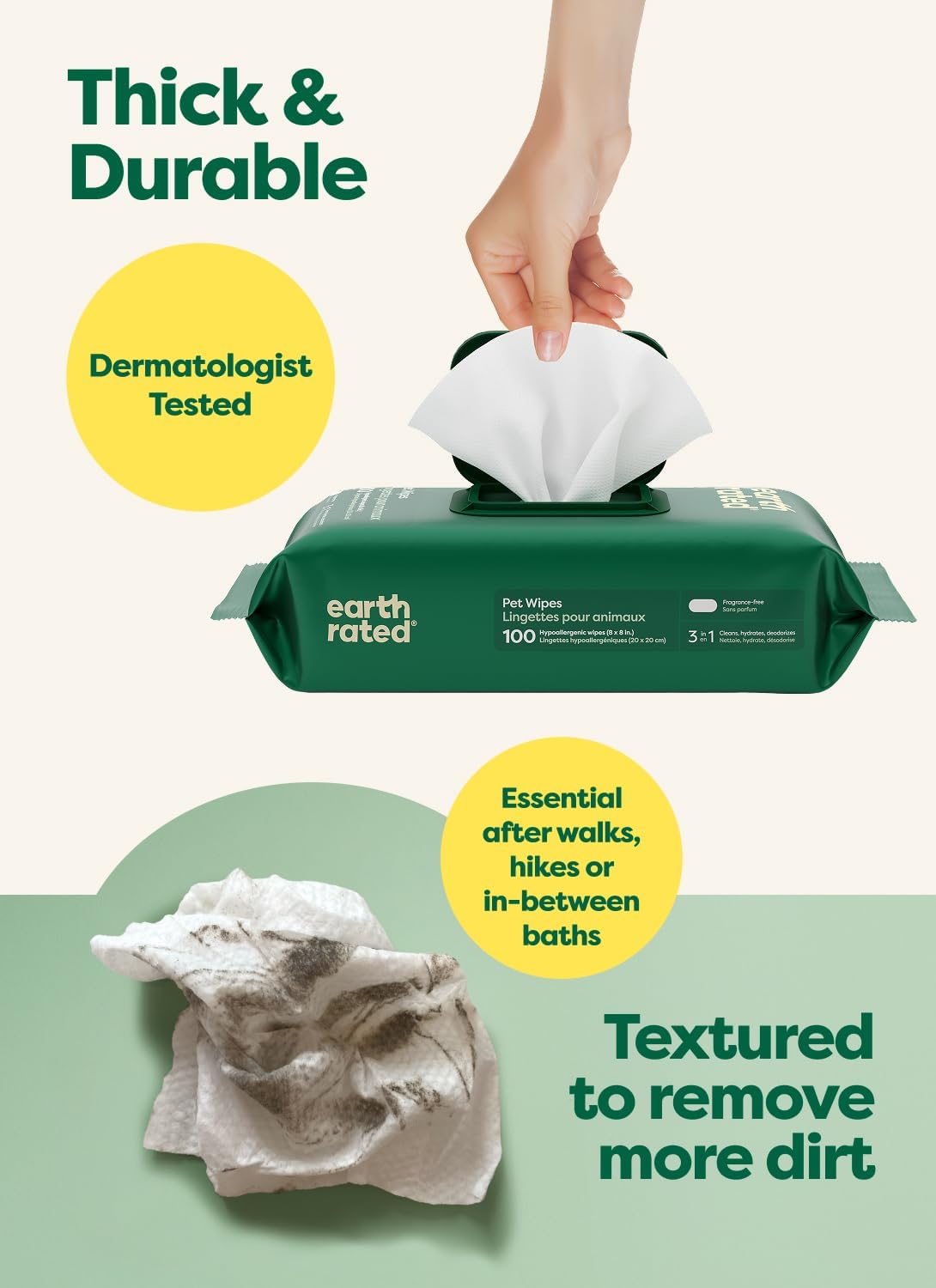 Earth Rated Pet Wipes for Dogs and Cats, Hypoallergenic, 3-in-1 Cleaning