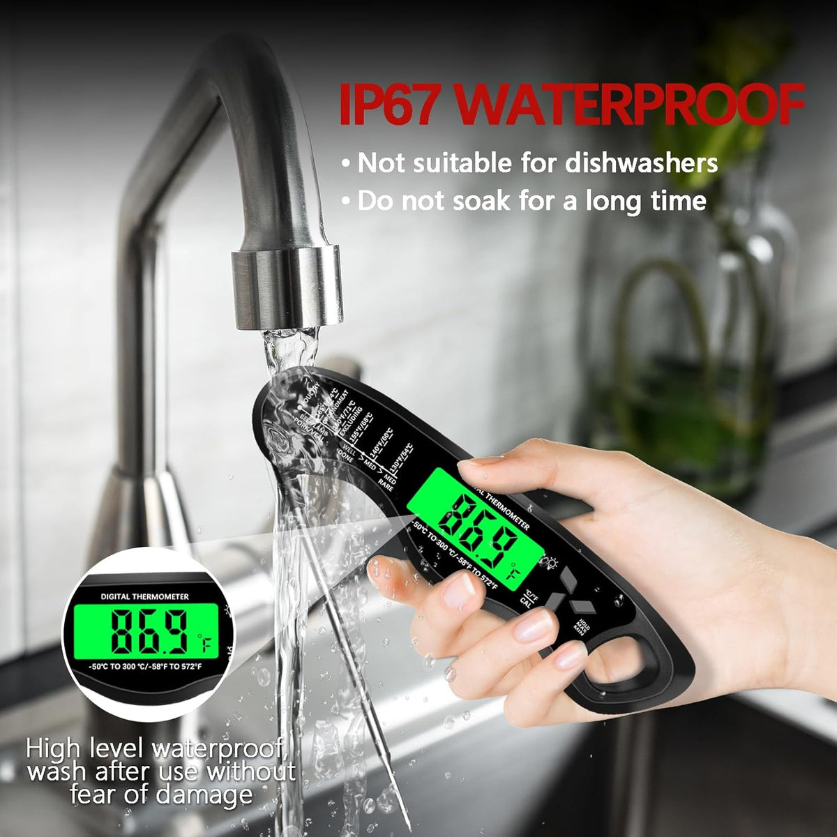 Meat Thermometer Digital，IP67 Waterproof Cooking Thermometer with Backlight