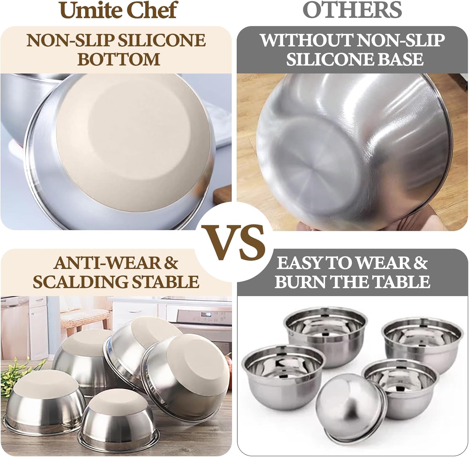 Umite Chef Mixing Bowls with Airtight Lids Set, 8PCS Stainless Steel Khaki