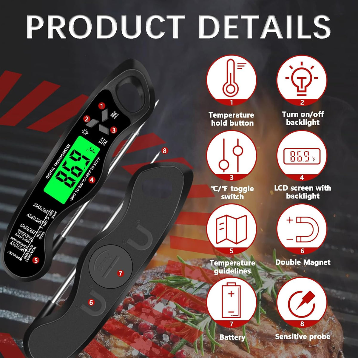 Meat Thermometer Digital，IP67 Waterproof Cooking Thermometer with Backlight