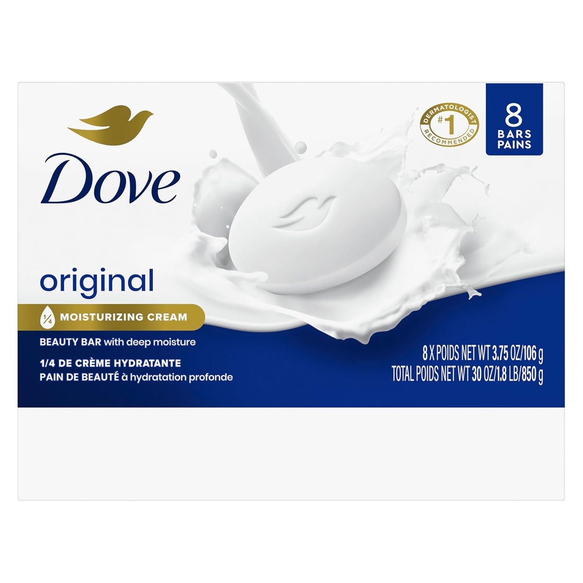 Dove Beauty Bar Soap Original 8 Count for Soft, Smooth Skin, with 1/4