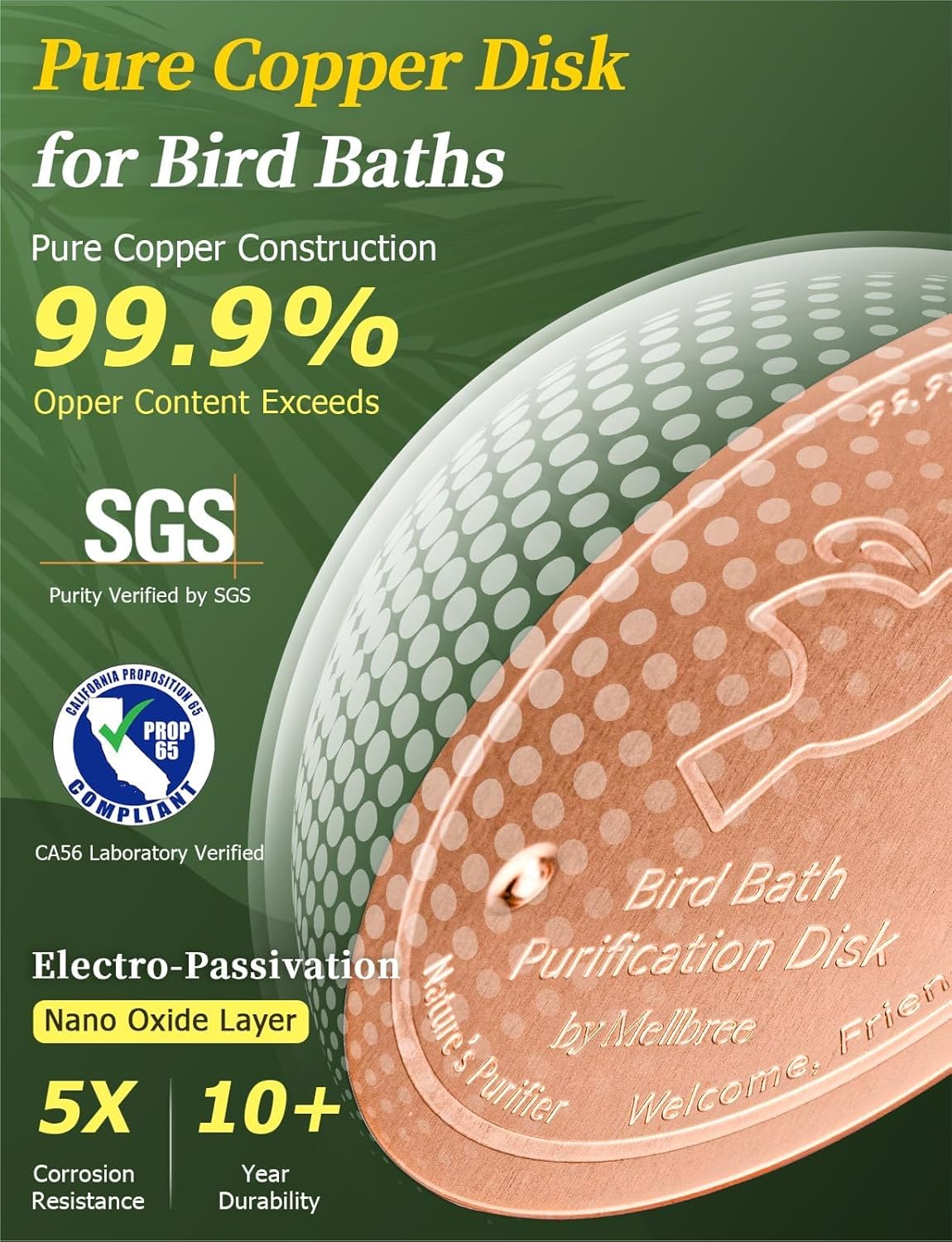 Mellbree Bird Bath Copper Disk, 0.6mm Reinforced 99.99% Pure Copper Cleaning