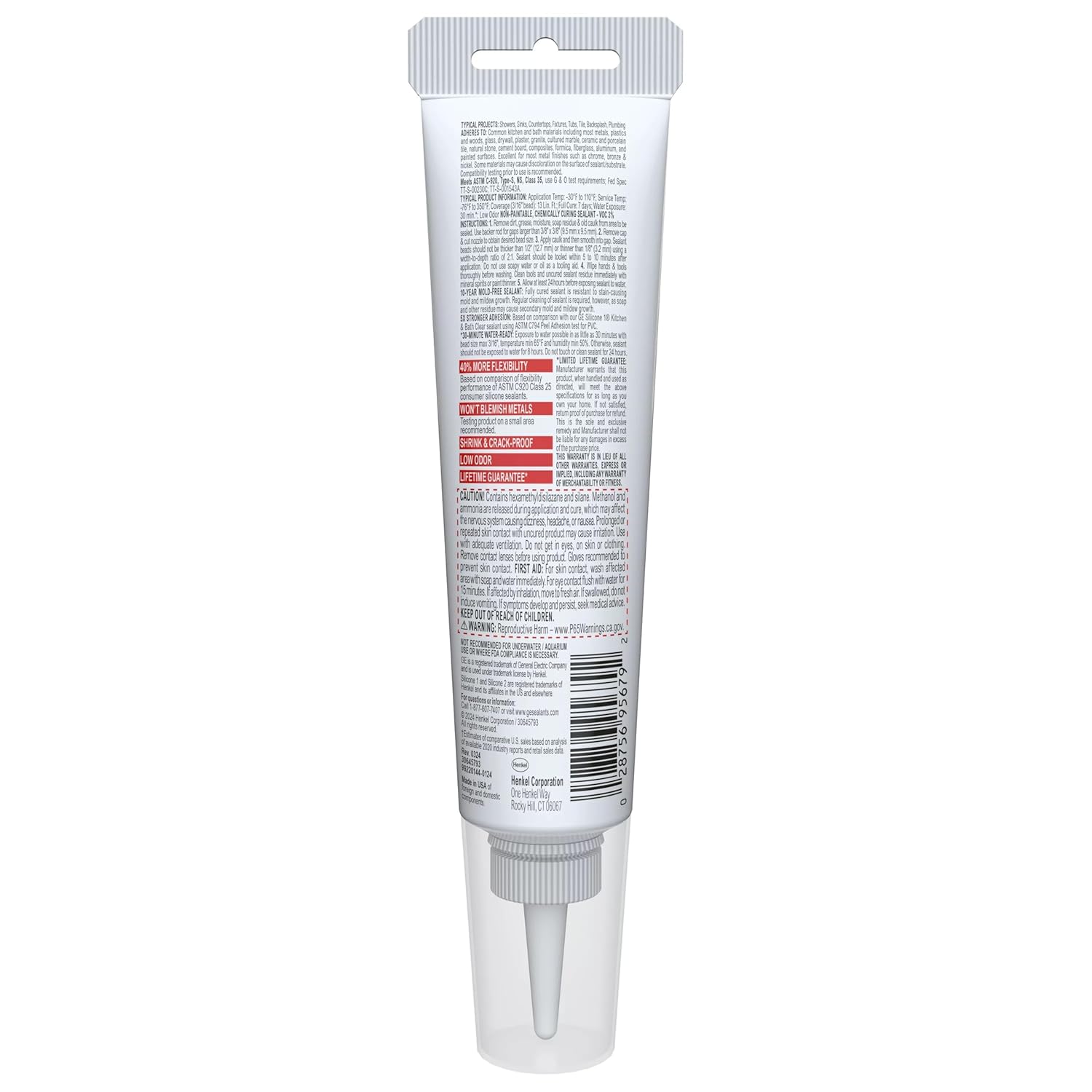GE Advanced Silicone Caulk for Kitchen & Bathroom, White, 2.8 fl oz Tube, 1