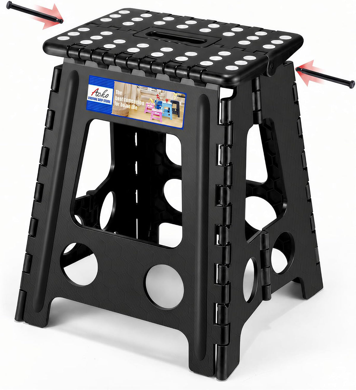 ACKO 16 Inch Folding Step Stool with Safety Lock, Holds 400 lbs, Black