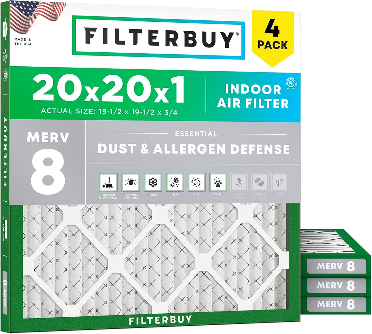 Filterbuy 20x20x1 Air Filter MERV 8 Dust & Allergy Defense