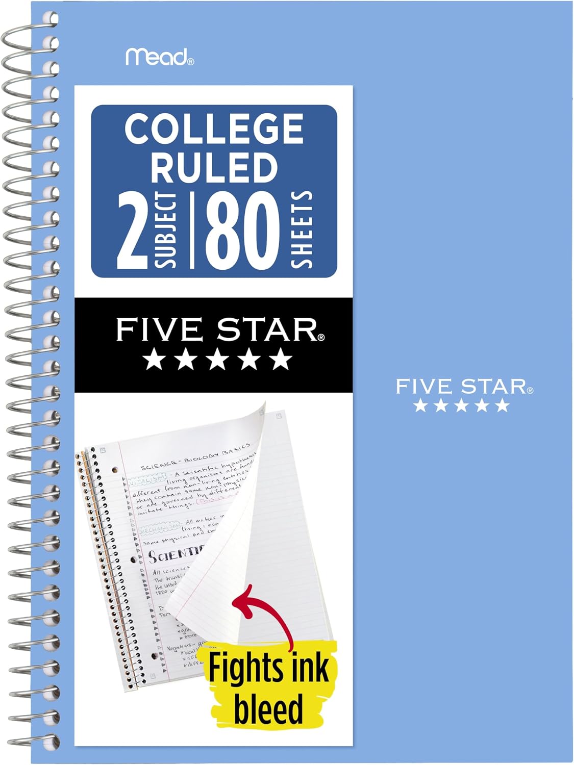 Five Star Spiral Notebook, 2 Subject, College Ruled Paper, 6" x 9.5", 80 Sheets