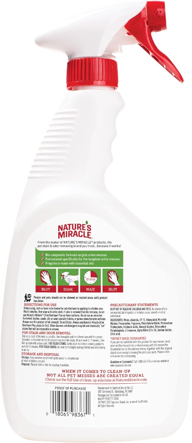 Nature’s Miracle Urine Destroyer Plus Cat, 32 Ounces,Unscented, Enzymatic