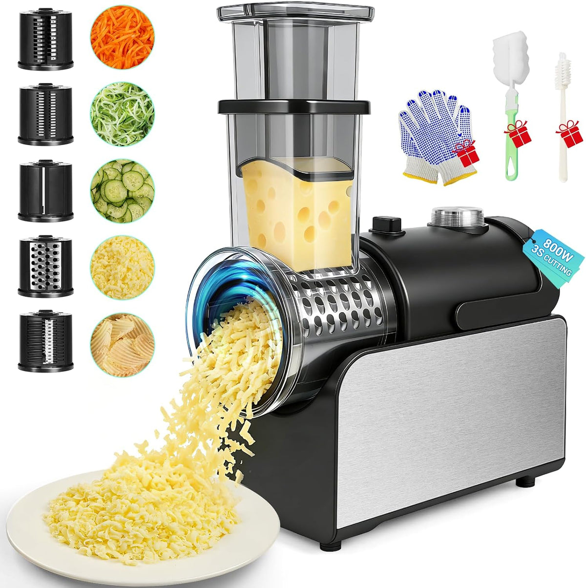 5-IN-1 Electric Cheese Grater Stainless Steel 800W [3S Efficient Cutting]