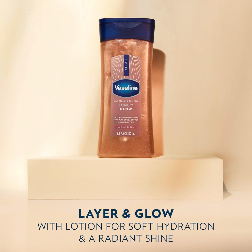 Vaseline Glazed and Glisten Sunlit Glow Body Gel Oil Vanilla Cocoa Shimmering
