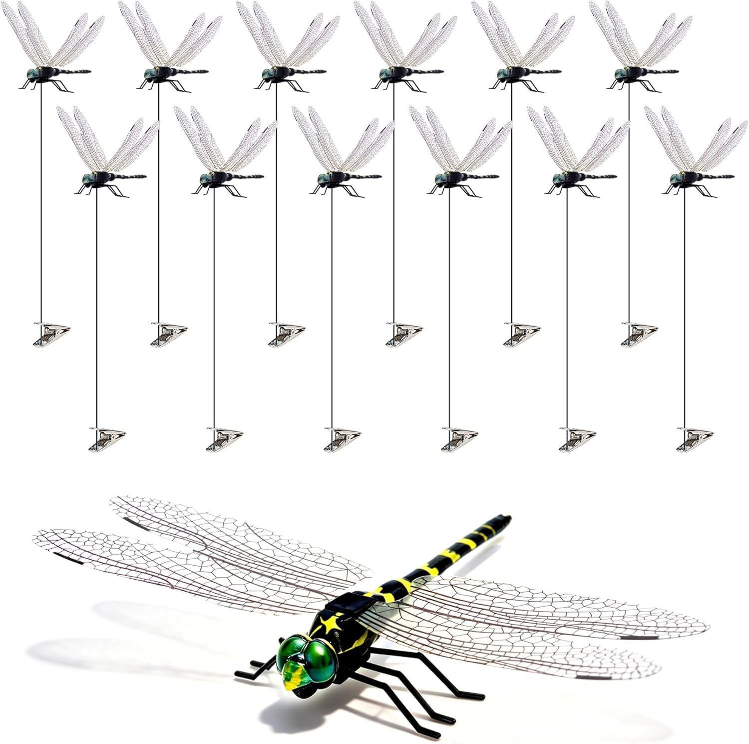 12 Pack 3D Dragonfly Clips, Fake Dragonflies with Stakes, Realistic Plastic