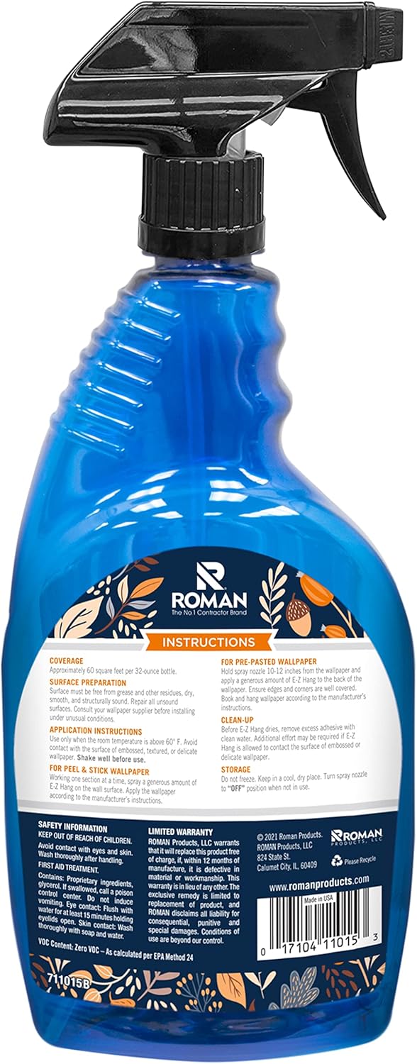 Roman’s E-Z Hang Peel & Stick Wallpaper Helper, Clear, Non-Staining, 32 Fluid