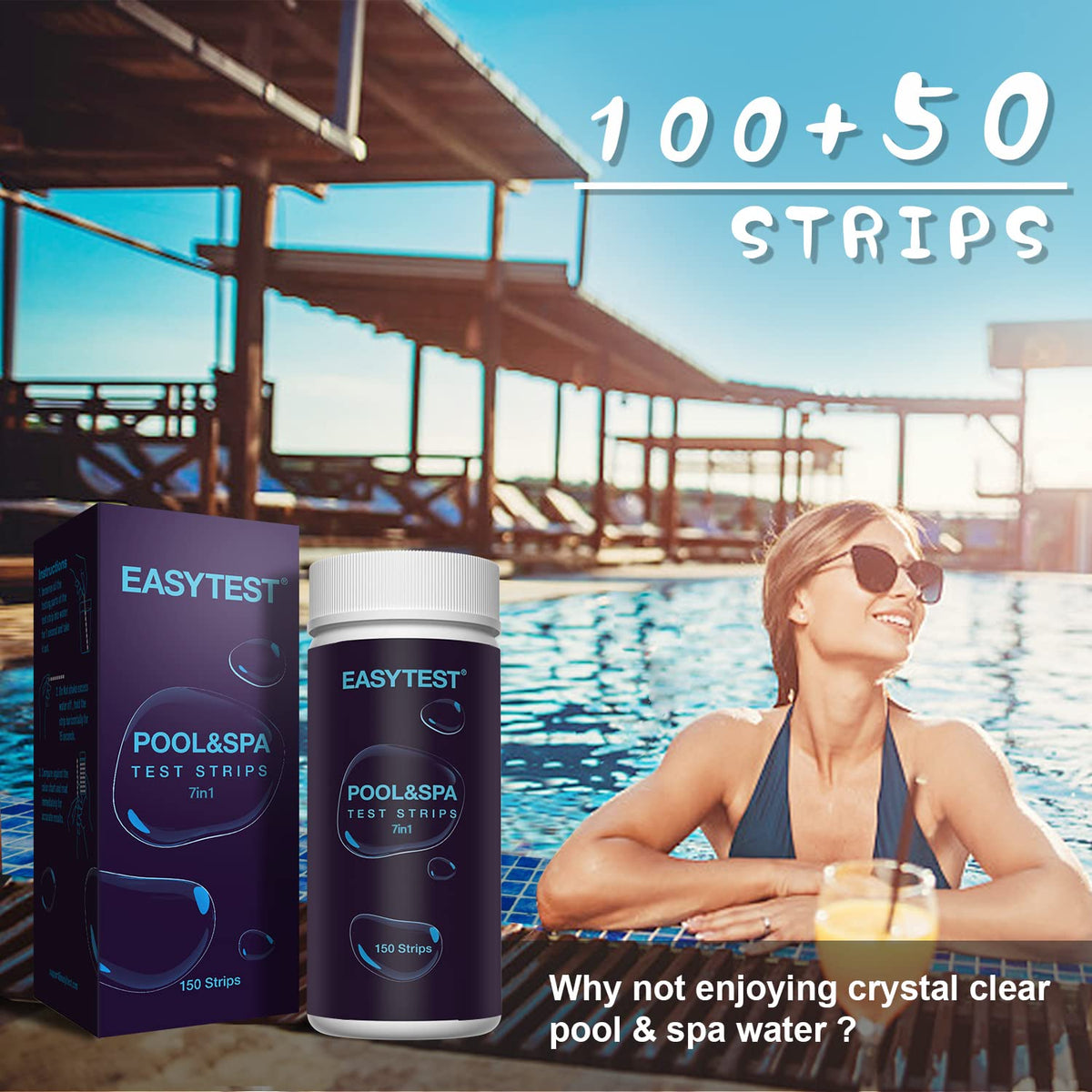 EASYTEST 7-Way Pool Test Strips, 150 Strips Water Chemical Testing for Hot