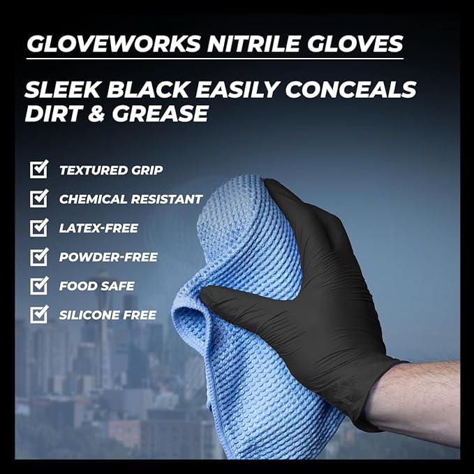 GLOVEWORKS Black Nitrile Gloves 5 Mil Disposable, Latex Free, Textured Grip