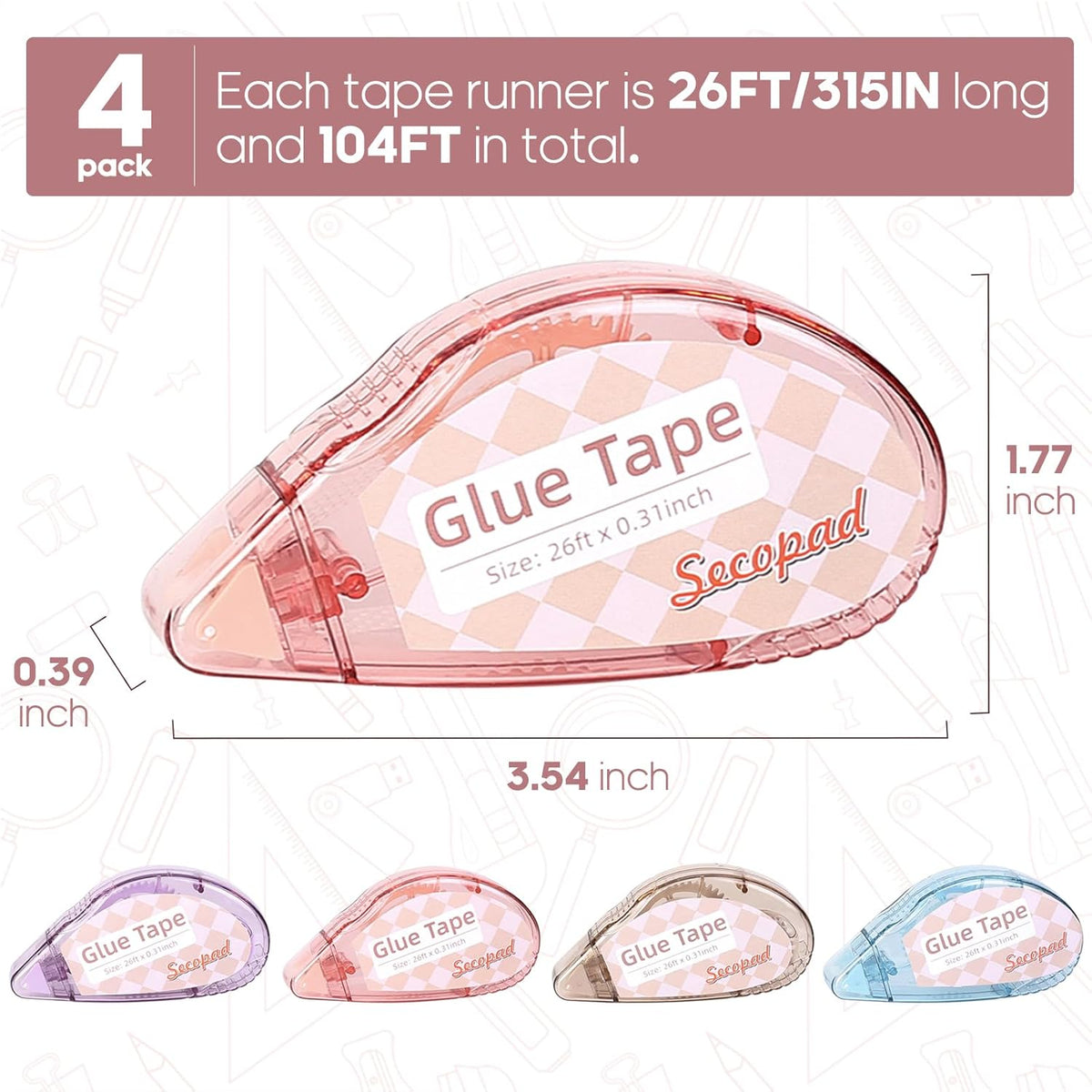Secopad Scrapbook Tape, 4 Pack Double Sided Tape Roller for Crafts, Adhesive