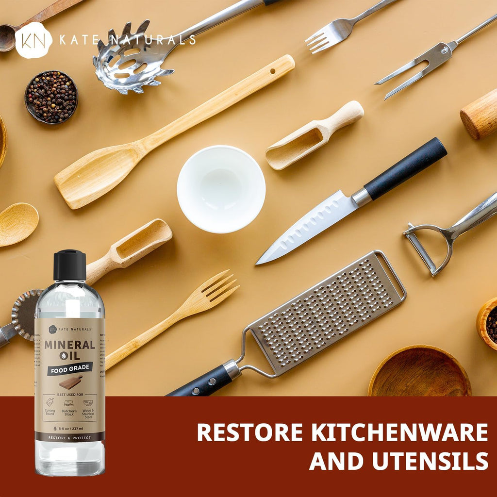 Kate Naturals Mineral Oil for Wood Cutting Board, Butcher Block, and Knife.