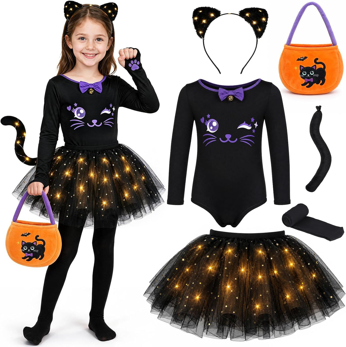Halloween Black Cat Costume for Girls Kids, Light Up Outfit Set