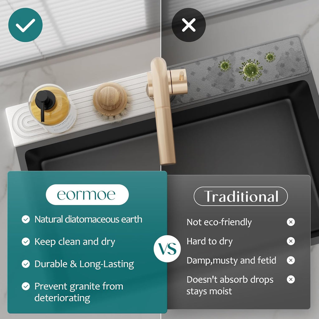 Eormoe Faucet Mat for Kitchen Sink – Diatomite Stone Drying Mat & Sink