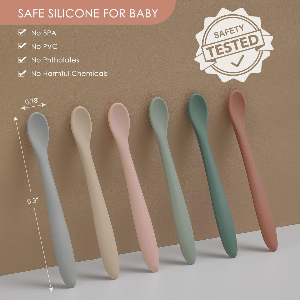 6-Piece Silicone Baby Feeding Spoons, First Stage Infant Spoons, Soft-Tip