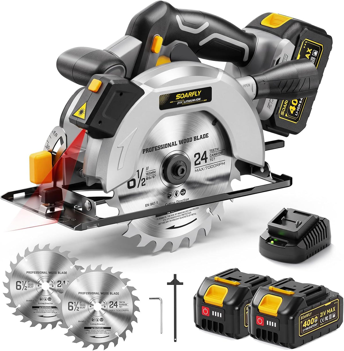 SOARFLY 21V 6-1/2" Cordless Circular Saw, Total 8000mAh, Laser Guide
