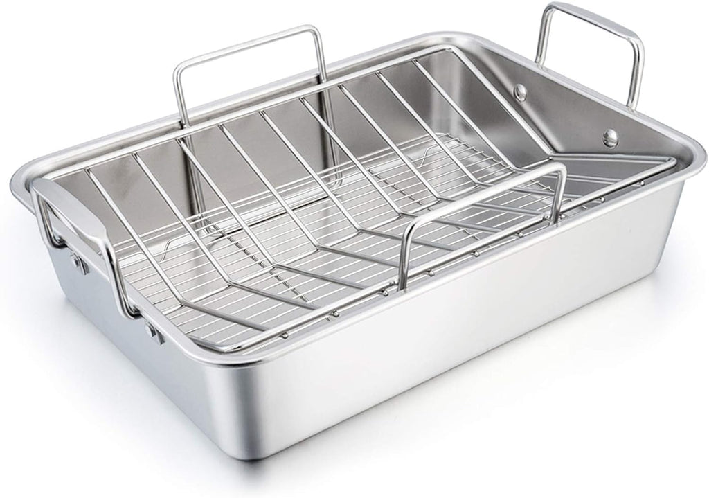 TeamFar Stainless Steel Roasting Pan, 16 Inch Large Turkey Roaster Pan