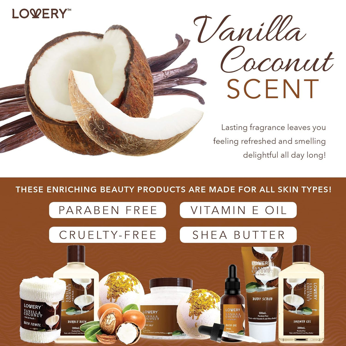 Gifts For Women Gift Basket for Women– 9 Piece Set of Vanilla Coconut Home