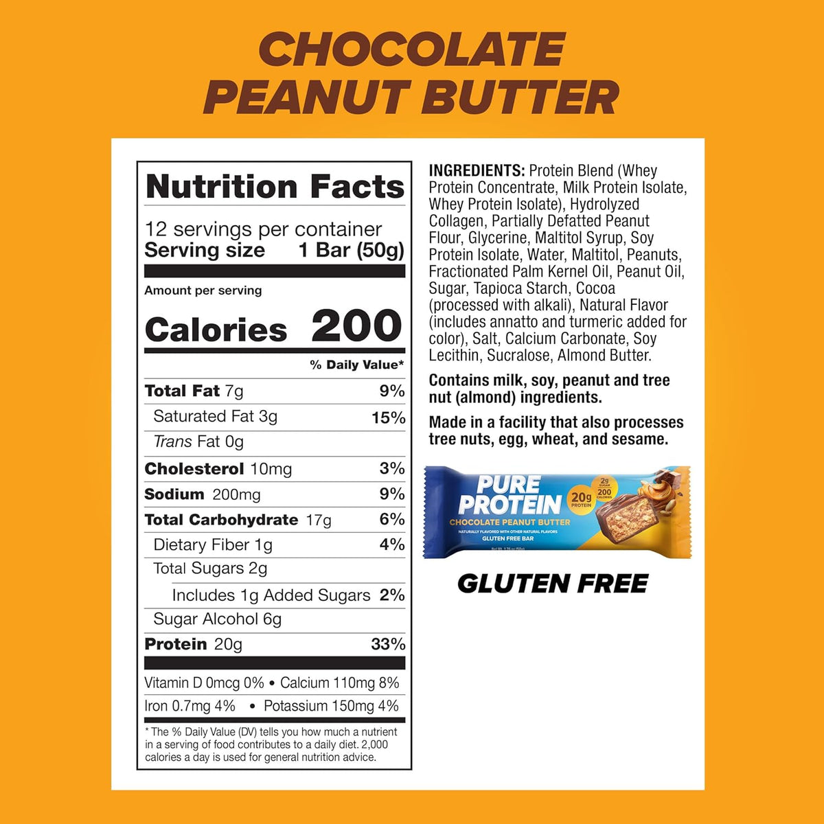 Pure Protein Chocolate Peanut Butter Protein Bars – 20g Protein, 3g Sugar