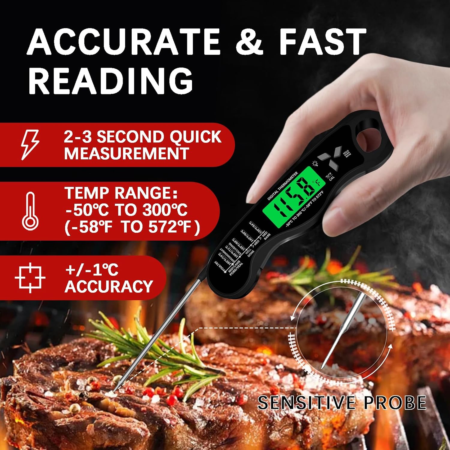 Meat Thermometer Digital，IP67 Waterproof Cooking Thermometer with Backlight