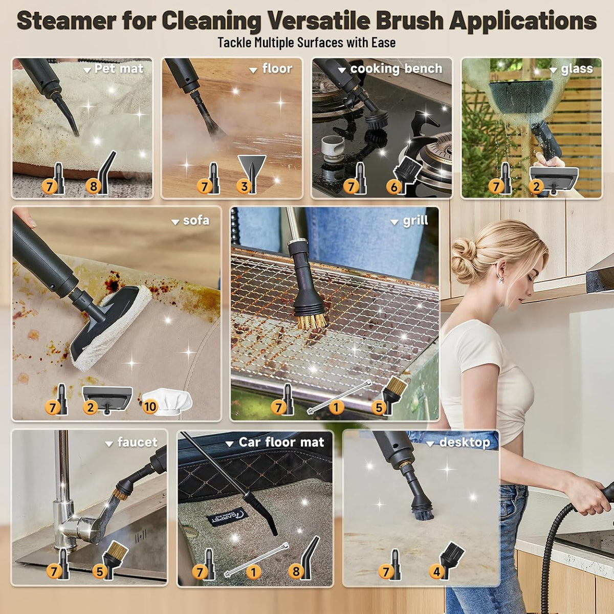 Gautye Steam Cleaner, 3 Level Adjustable Handle, 15s Heat Up, 1.69 Quarts