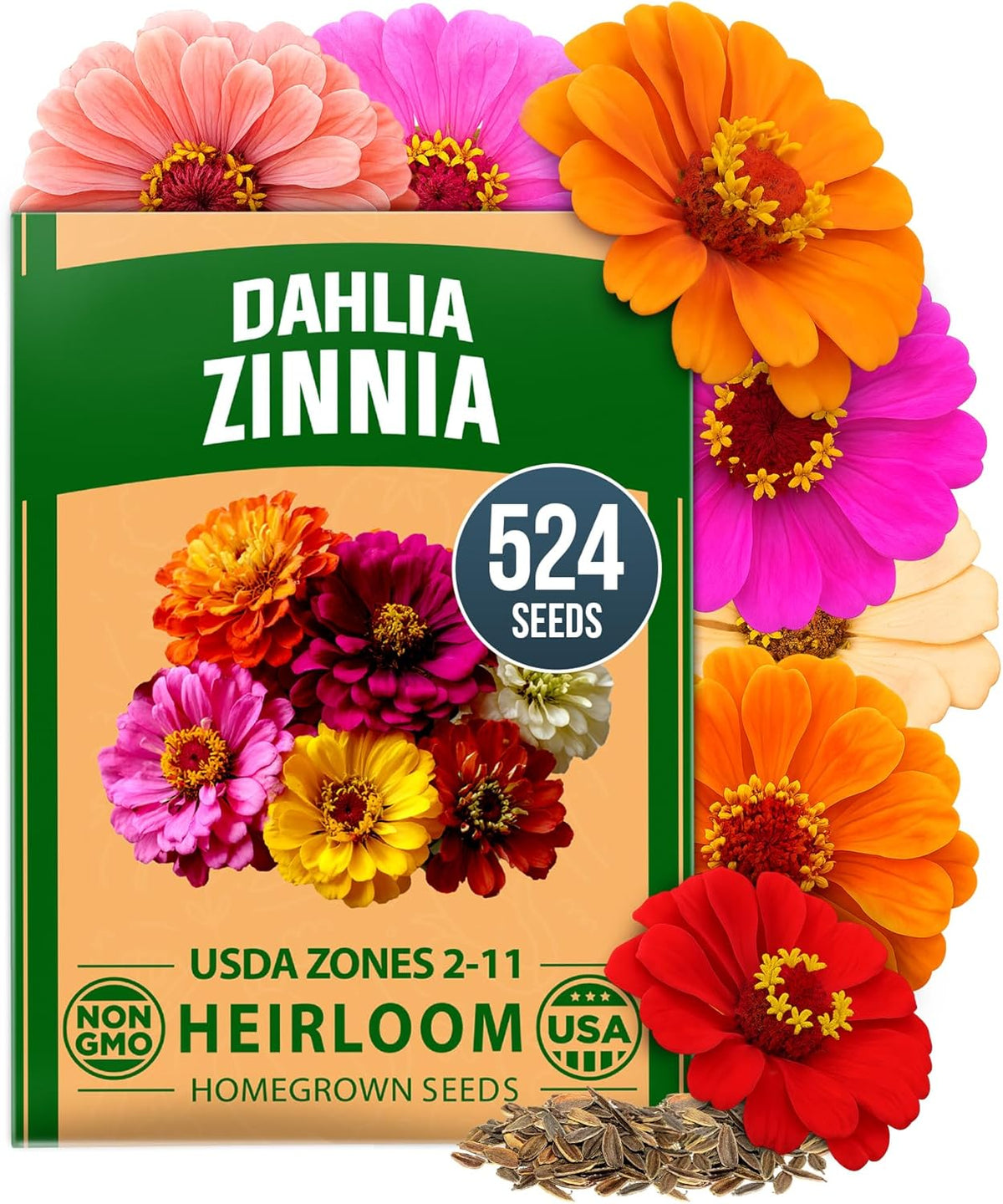 HOME GROWN Zinnia Dahlia Seeds Pack for 2026 Non GMO 524 Flower Seeds