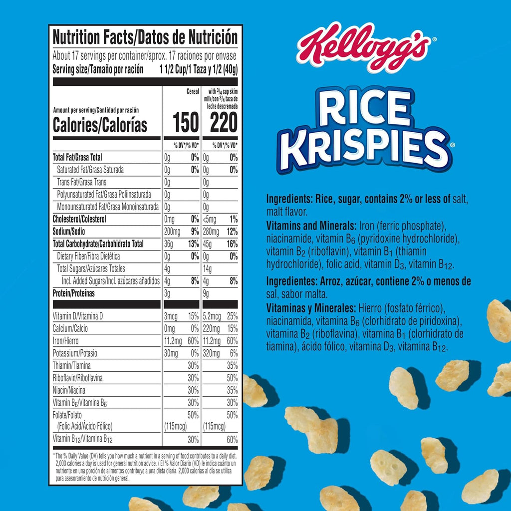 Kellogg's Rice Krispies Cold Breakfast Cereal, 8 Vitamins and Minerals, Rice