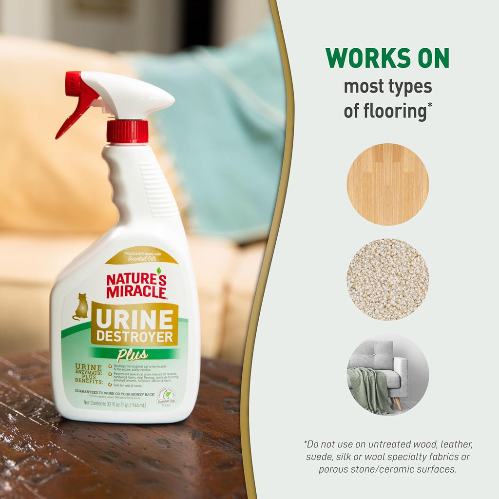 Nature’s Miracle Urine Destroyer Plus Cat, 32 Ounces,Unscented, Enzymatic