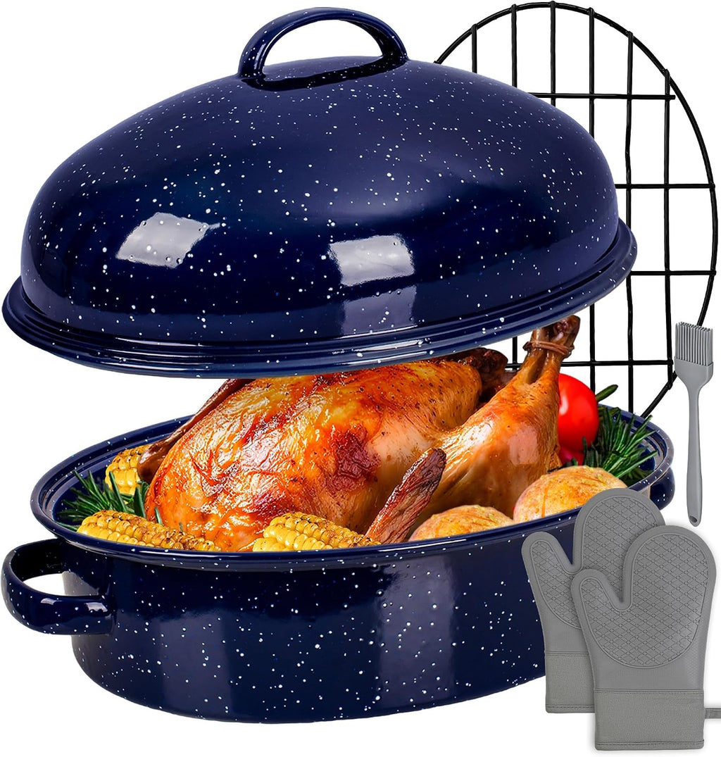 Turkey Roasting Pan with Lid & Rack, 18" Enamel Large Roaster Pan Set
