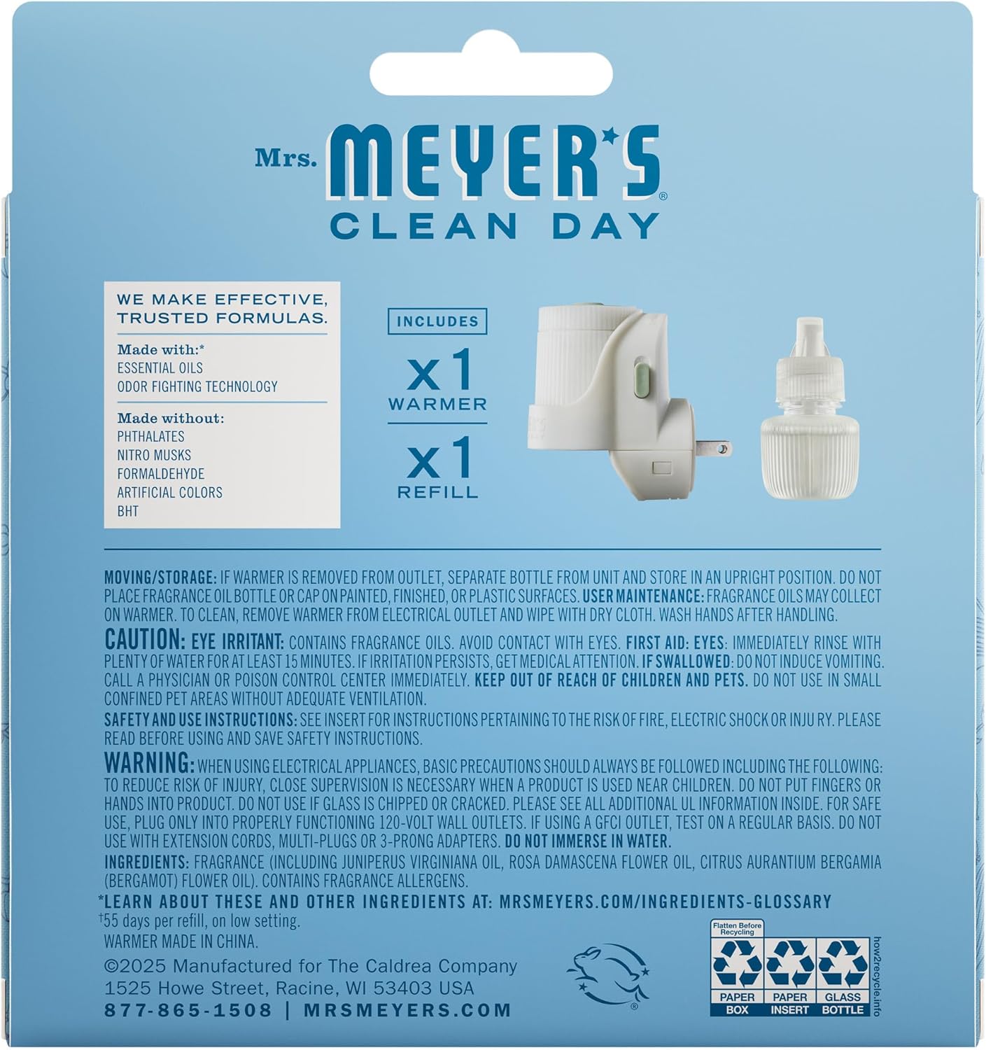 MRS. MEYER'S CLEAN DAY Premium Scented Oil Diffuser Kit, Rain Water, 1 warmer