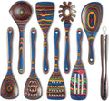 9-Piece Blue Pakkawood Cooking Utensil Set,Soup Ladle with Pour Spout and Wooden Tongs