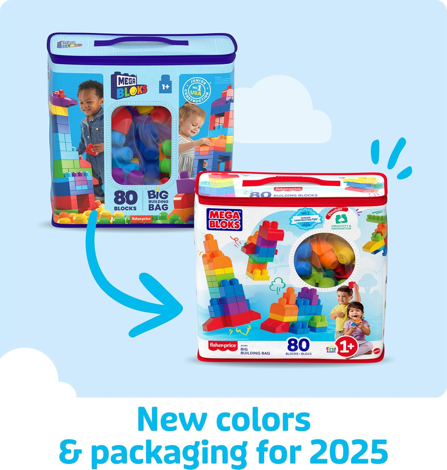 MEGA BLOKS First Builders Toddler Blocks Toys Set, Big Building Bag with 80