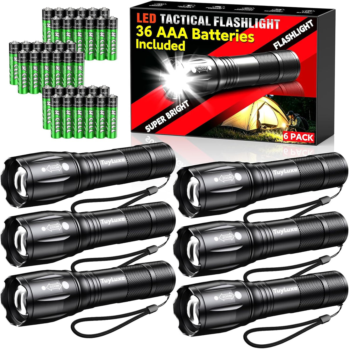 6 Pack LED Small Flashlights High Lumens, 36 AAA Batteries Included