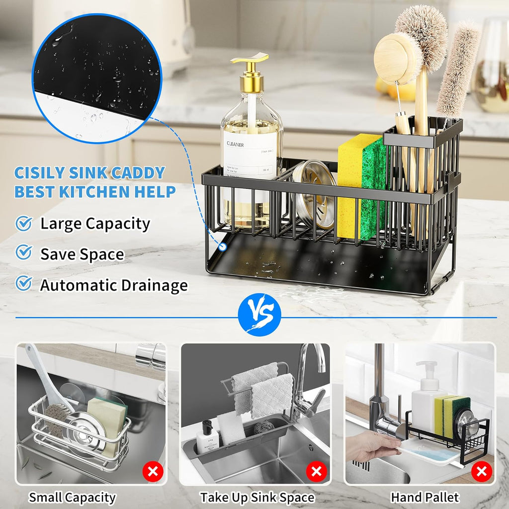 Cisily Sink Caddy Sponge Holder for Kitchen with Brush Holder and Stainless