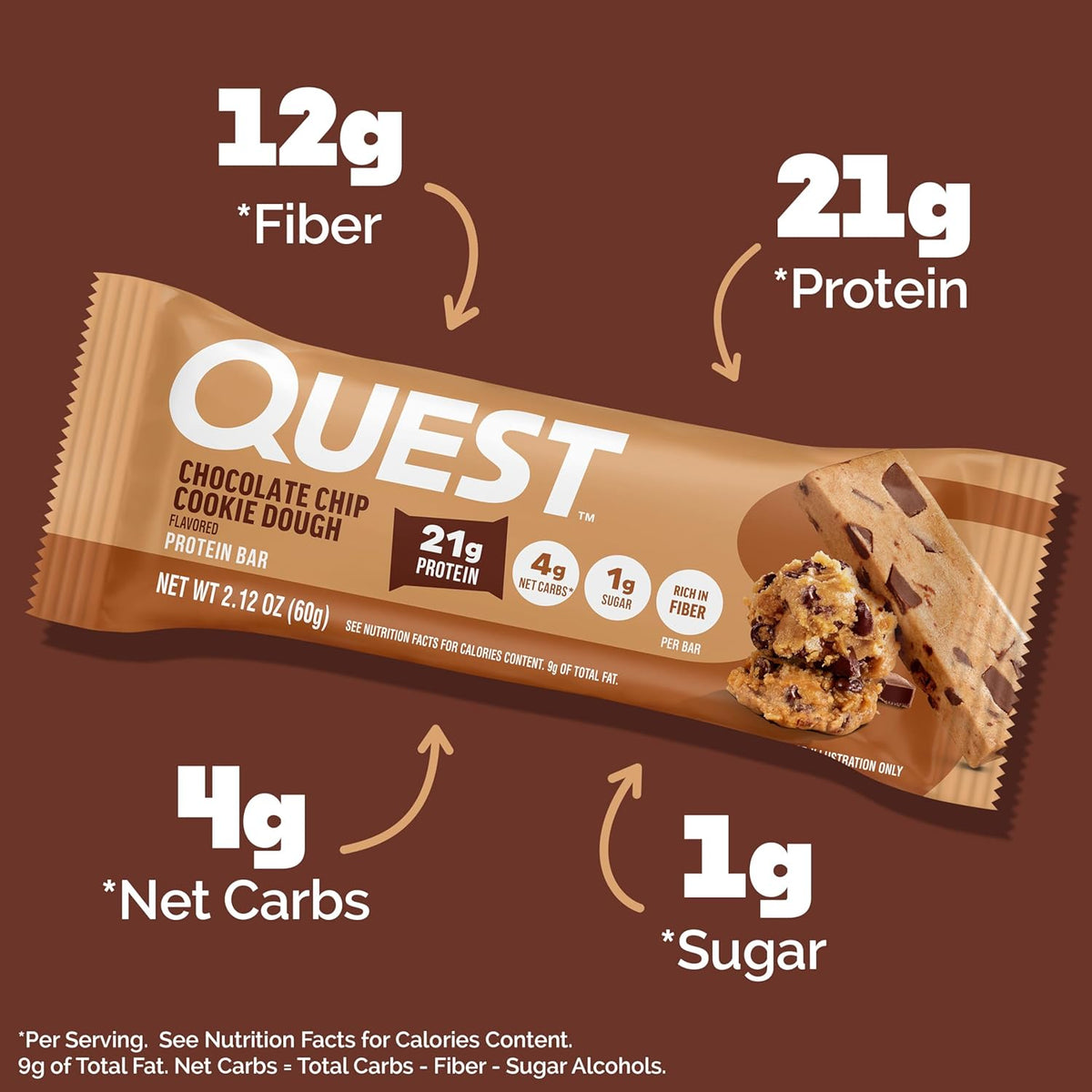 Quest Nutrition Chocolate Chip Cookie Dough Protein Bars, High Protein, Low