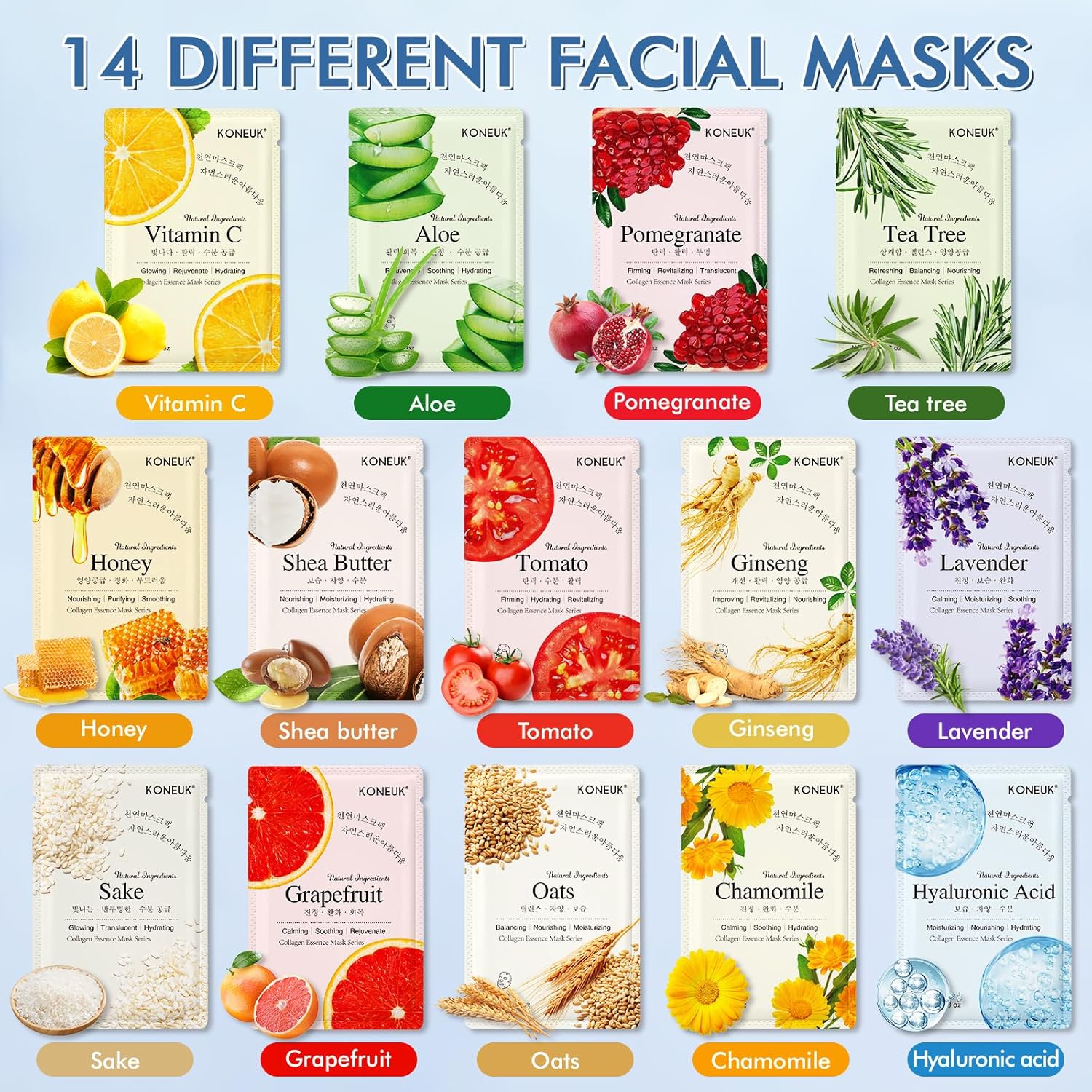 KONEUK 14 Pack Sheet Face Masks Skincare, Hydrating Face Masks Suitable for