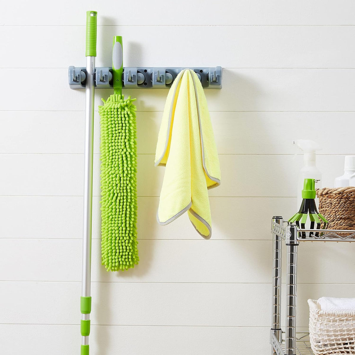 Amazon Basics Rectangular Heavy Duty Wall Mount Broom and Mop Holder, Sturdy