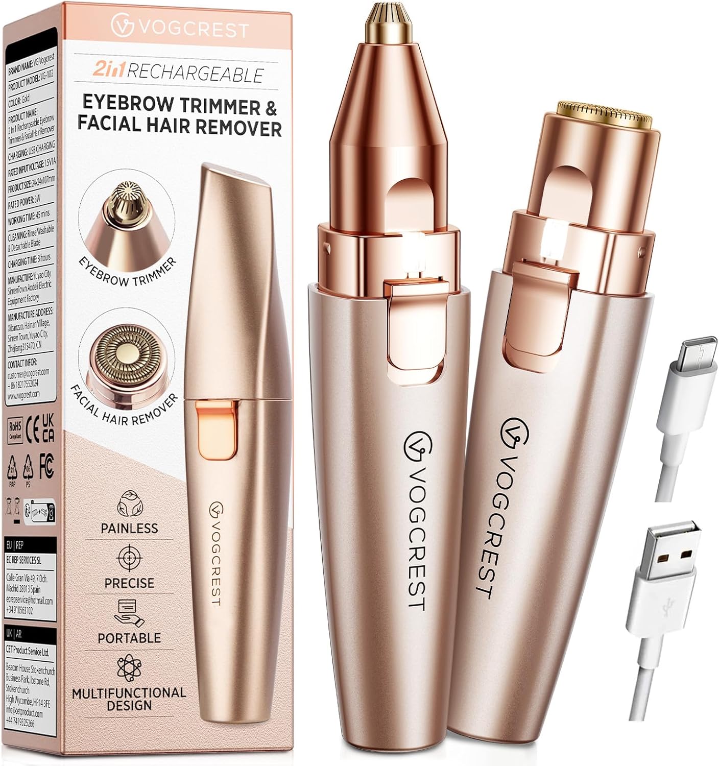 VG VOGCREST Eyebrow & Facial Trimmer: 2 in1 Rechargeable Facial Hair Removal