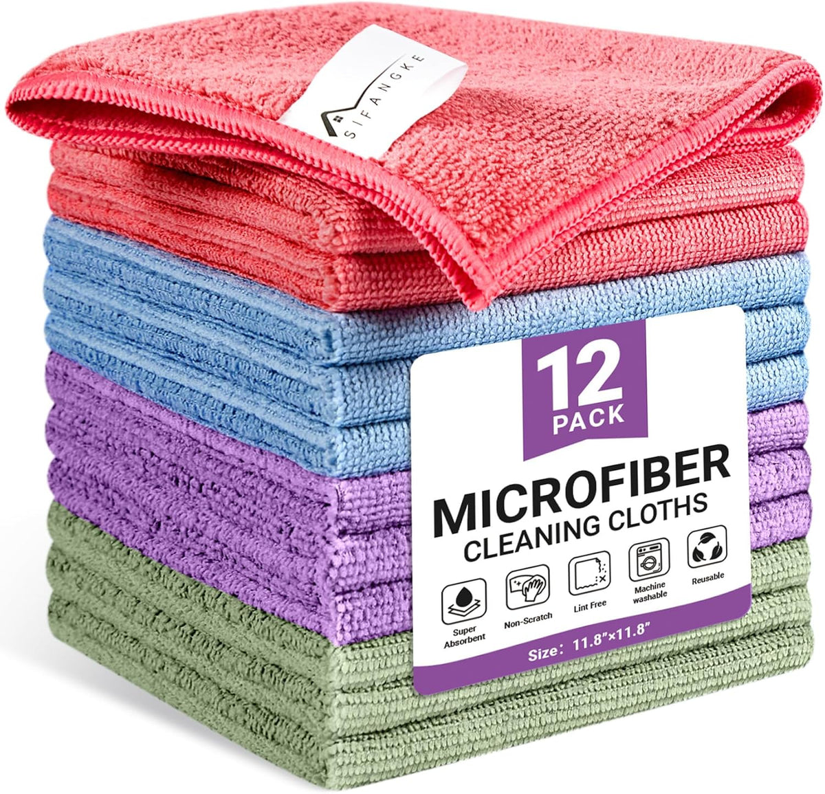 SIFANGKE Microfiber Cleaning Cloth, 12 Pack Assorted Color Cleaning Rags for