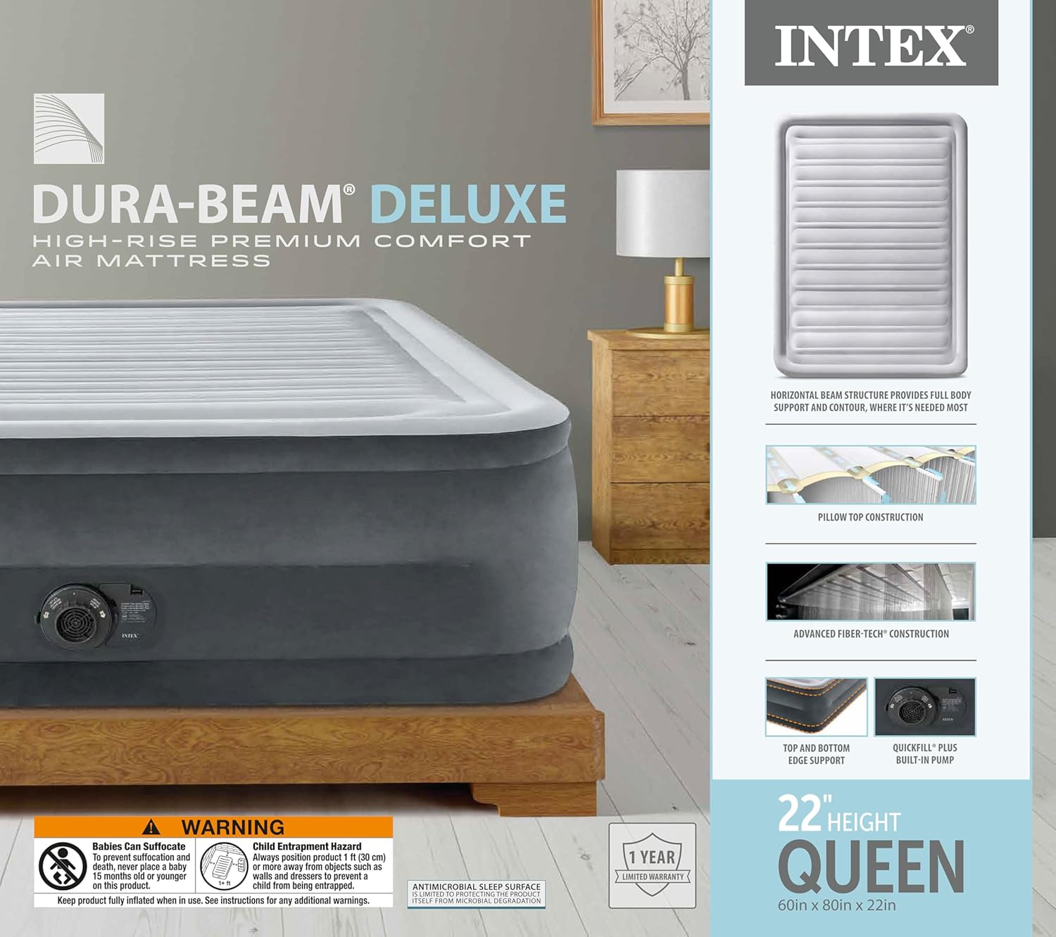 Intex 64417ED 22in Queen Dura-Beam Comfort Plush High-Rise Inflatable Air