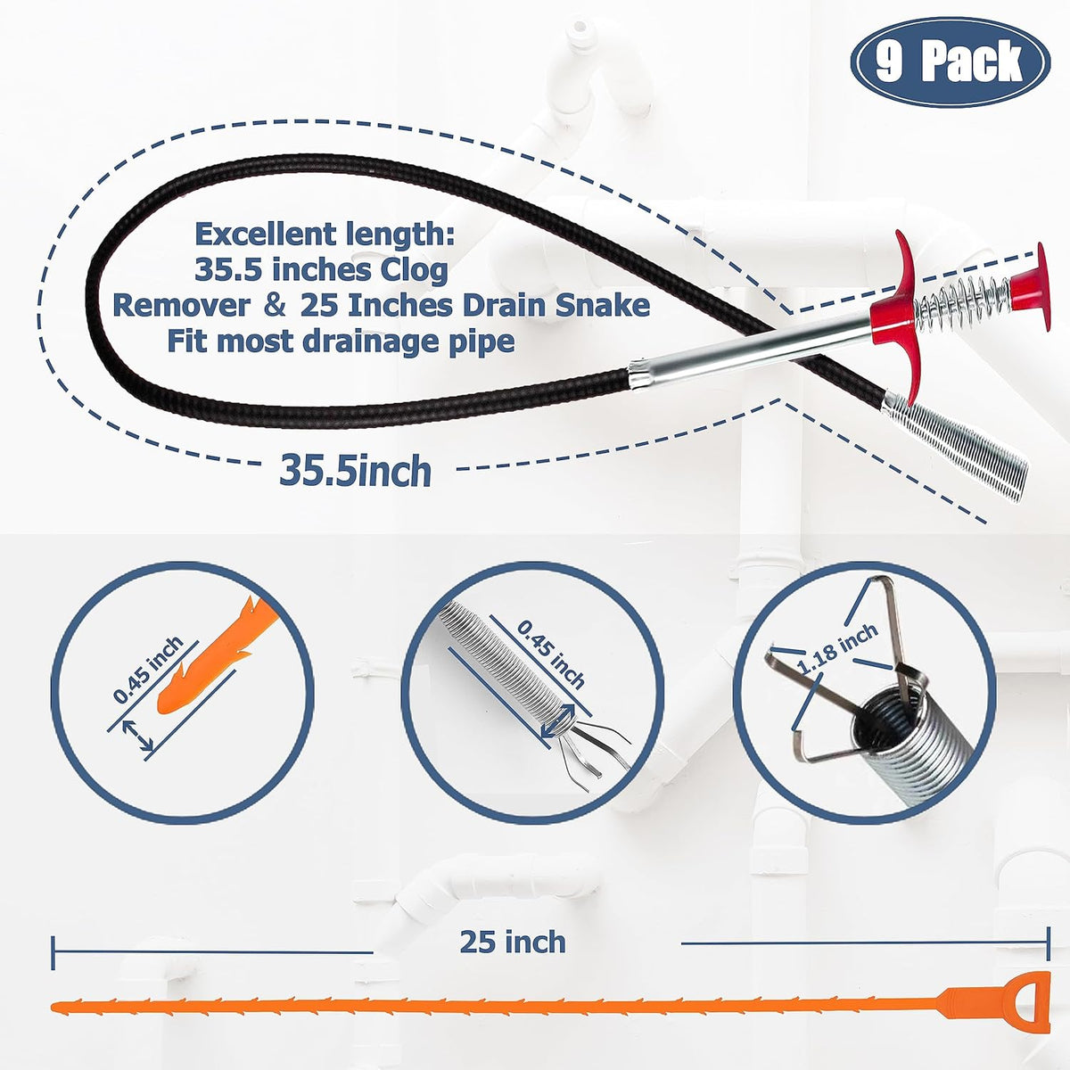 35.5inch Drain Clog Remover(1pcs), 25inch Drain Snake Hair Remover(6pcs) ＆