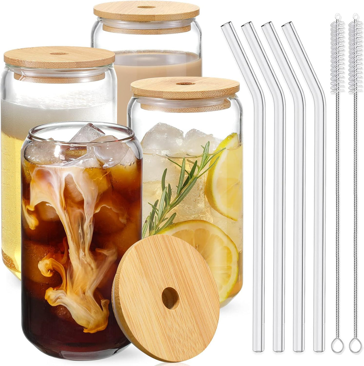 Drinking Glasses with Bamboo Lids and Glass Straw 4pcs Set - 16oz Glass Cups