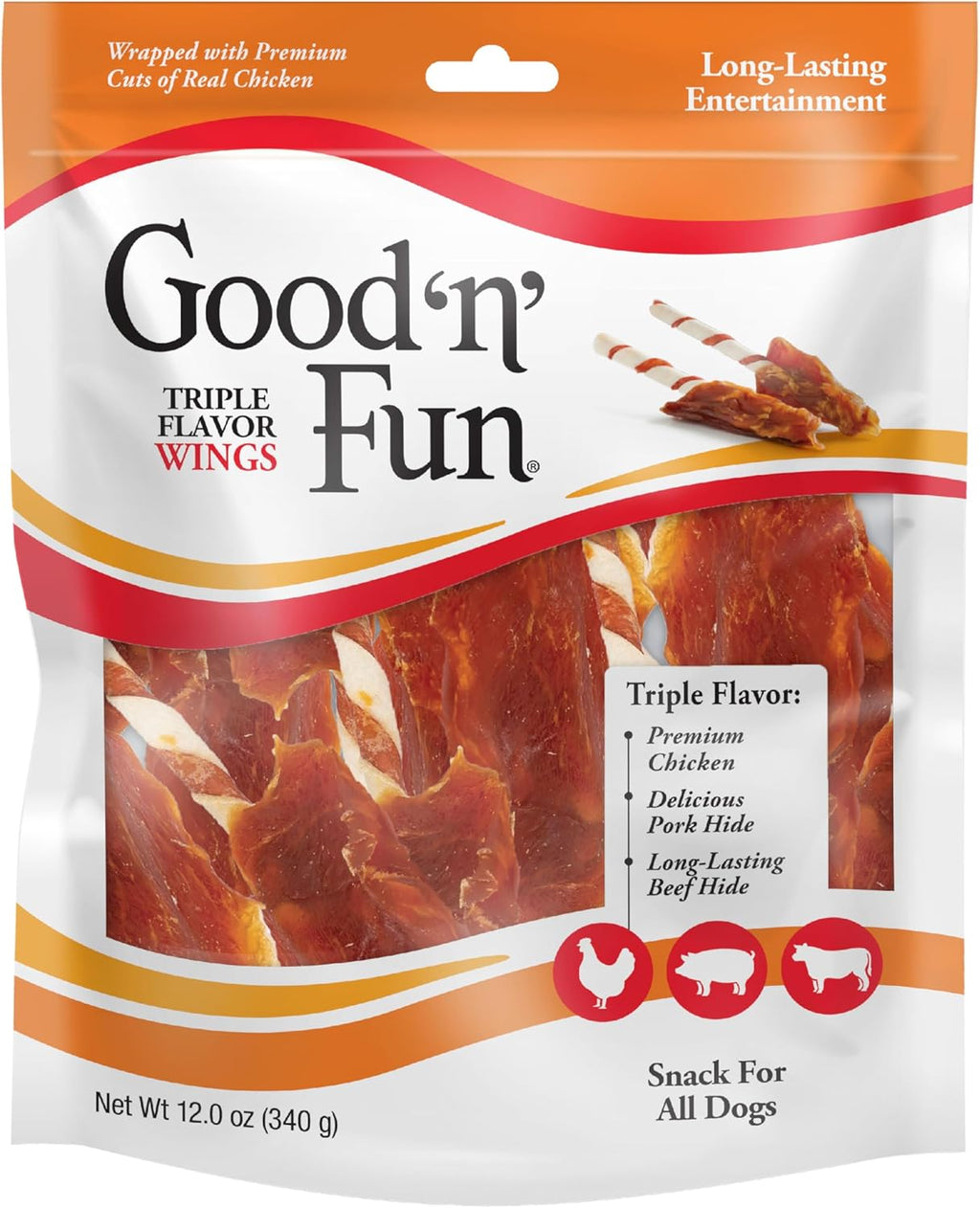 Good ‘n’ Fun Triple Flavor Wings Chews for All Dogs, 12 Ounces, Treat Your