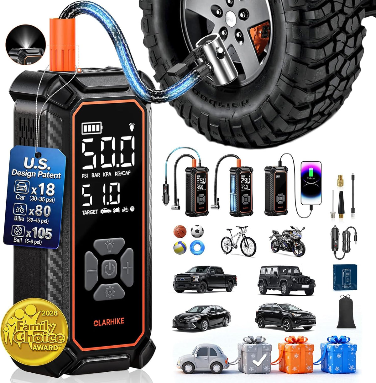 OlarHike Tire Inflator Portable Air Compressor, 150PSI Dual Power - 6000mAh &