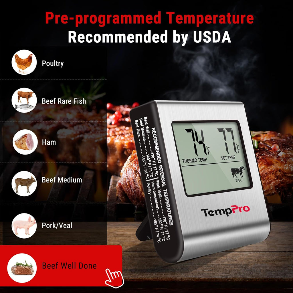 TempPro TP16 Large LCD Digital Cooking Food Meat Thermometer for Smoker Oven