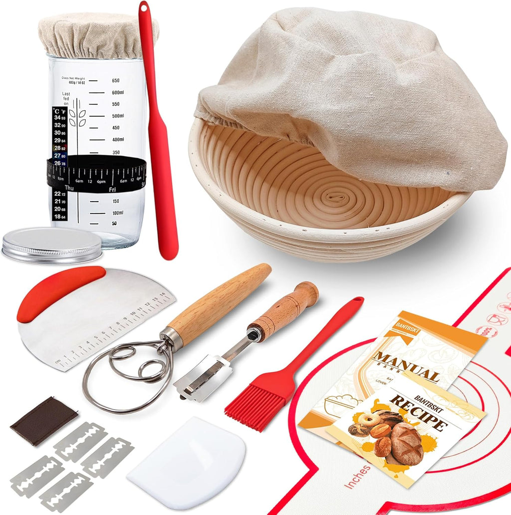 Complete Sourdough Starter Kit, Banneton Bread Proofing Basket with Glass