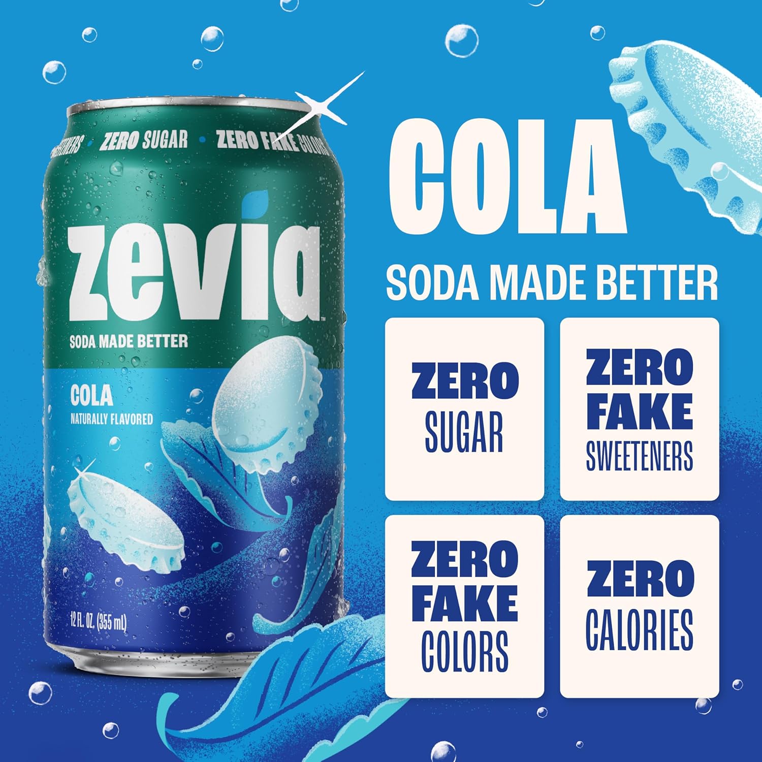 Zevia Zero Sugar Soda, Cola, 12 oz Cans (24-Pack) – Naturally Sweetened, Zero